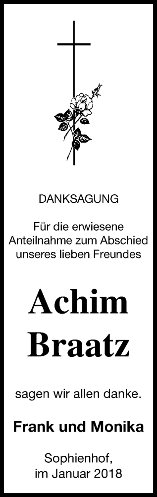 Traueranzeige von Achim Braatz von Vorpommern Kurier