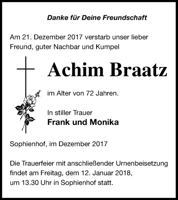 Traueranzeige von Achim Braatz von Vorpommern Kurier