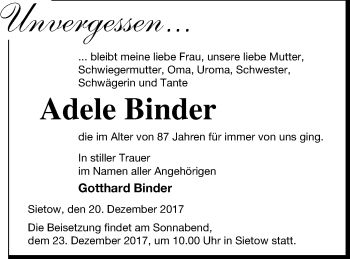 Traueranzeige von Adele Binder von Müritz-Zeitung