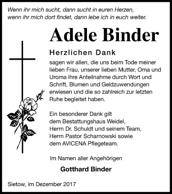 Traueranzeige von Adele Binder von Müritz-Zeitung