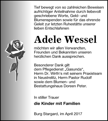 Traueranzeige von Adele Wessel von Neubrandenburger Zeitung