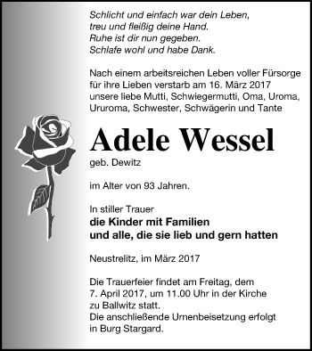 Traueranzeige von Adele Wessel von Neubrandenburger Zeitung