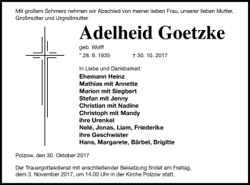 Traueranzeige von Adelheid Goetzke von Pasewalker Zeitung