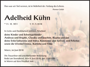 Traueranzeige von Adelheid Kühn von Müritz-Zeitung