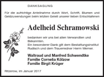 Traueranzeige von Adelheid Schramowski von Mecklenburger Schweiz