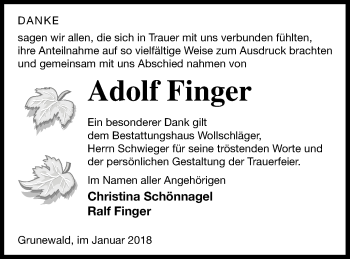 Traueranzeige von Adolf Finger von Templiner Zeitung