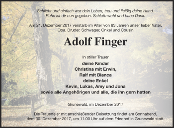 Traueranzeige von Adolf Finger von Templiner Zeitung