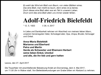 Traueranzeige von Adolf-Friedrich Bielefeldt von Müritz-Zeitung