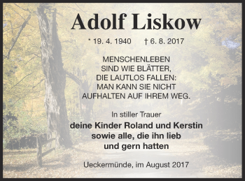 Traueranzeige von Adolf Liskow von Haff-Zeitung