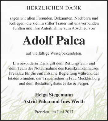 Traueranzeige von Adolf Palca von Prenzlauer Zeitung