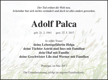 Traueranzeige von Adolf Palca von Prenzlauer Zeitung