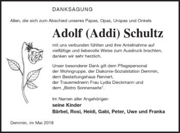 Traueranzeige von Adolf Schultz von Demminer Zeitung