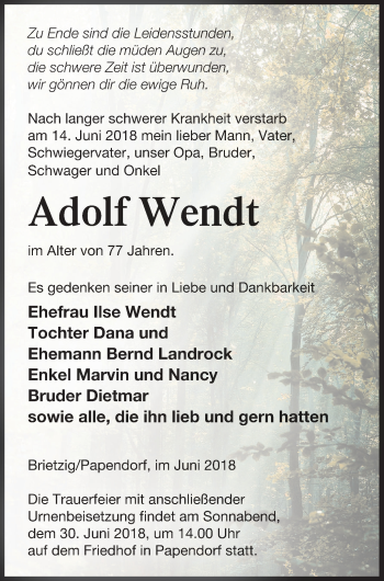 Traueranzeige von Adolf Wendt von Pasewalker Zeitung