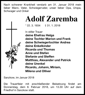 Traueranzeige von Adolf Zaremba von Demminer Zeitung