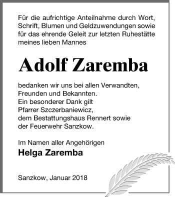 Traueranzeige von Adolf Zaremba von Demminer Zeitung