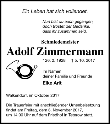 Traueranzeige von Adolf Zimmermann von Mecklenburger Schweiz