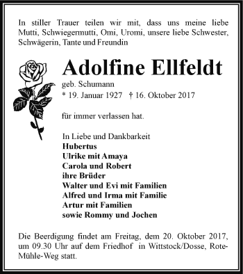 Traueranzeige von Adolfine Ellfeldt von Müritz-Zeitung