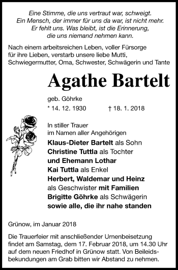 Traueranzeige von Agathe Bartelt von Prenzlauer Zeitung