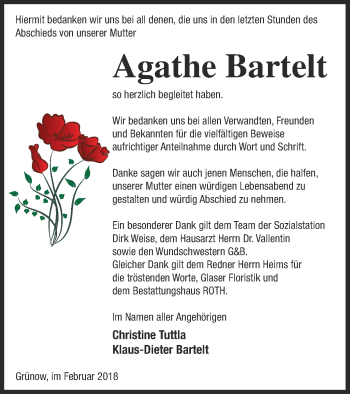 Traueranzeige von Agathe Bartelt von Prenzlauer Zeitung