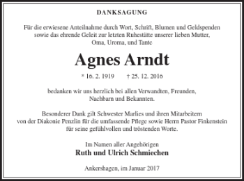 Traueranzeige von Agnes Arndt von Müritz-Zeitung