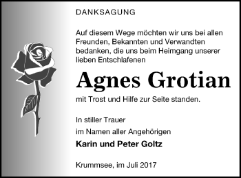 Traueranzeige von Agnes Grotian von Mecklenburger Schweiz