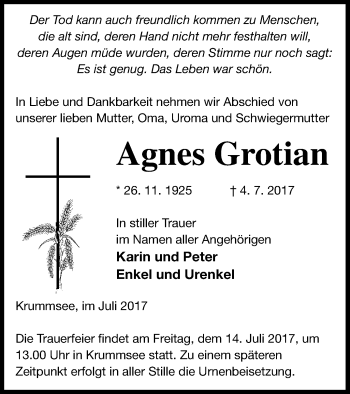 Traueranzeige von Agnes Grotian von Mecklenburger Schweiz