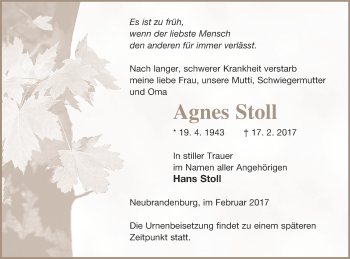 Traueranzeige von Agnes Stoll von Neubrandenburger Zeitung
