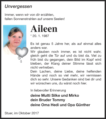 Traueranzeige von Aileen  von Müritz-Zeitung