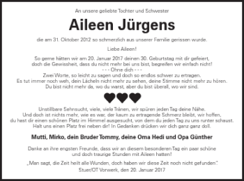 Traueranzeige von Aileen Jürgens von Müritz-Zeitung