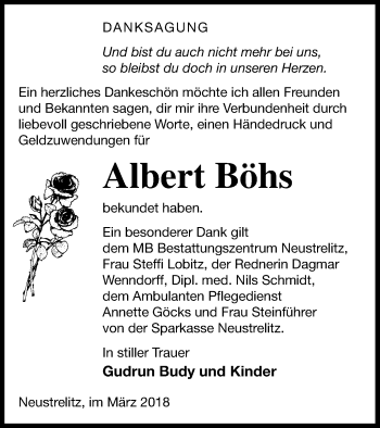 Traueranzeige von Albert Böhs von Strelitzer Zeitung