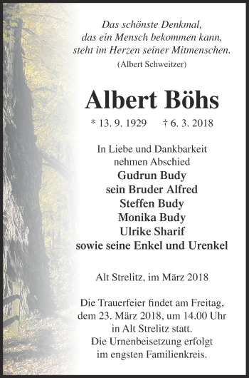 Traueranzeige von Albert Böhs von Strelitzer Zeitung