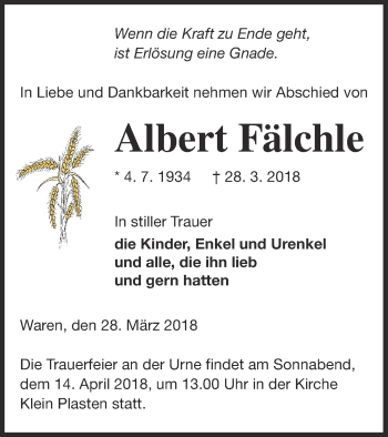 Traueranzeige von Albert Fälchle von Müritz-Zeitung