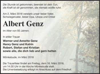 Traueranzeige von Albert Genz von Haff-Zeitung