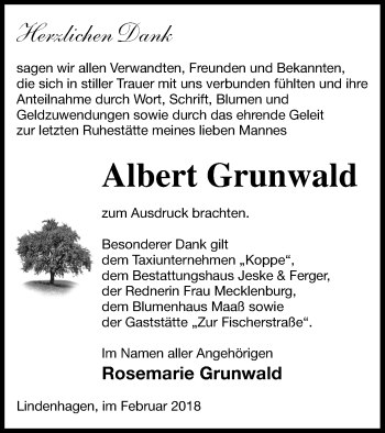 Traueranzeige von Albert Grunwald von Prenzlauer Zeitung