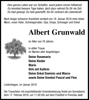 Traueranzeige von Albert Grunwald von Prenzlauer Zeitung