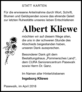 Traueranzeige von Albert Kliewe von Pasewalker Zeitung