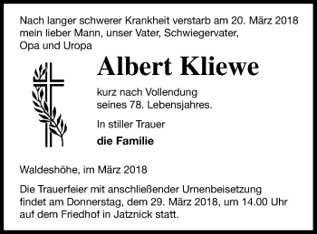 Traueranzeige von Albert Kliewe von Pasewalker Zeitung