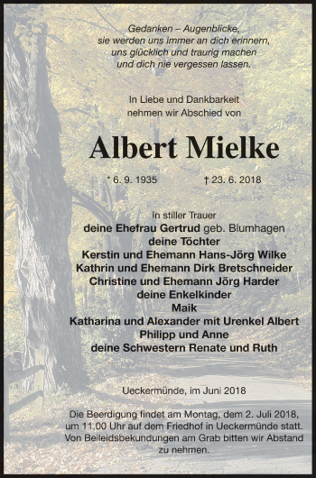 Traueranzeige von Albert Mielke von Haff-Zeitung