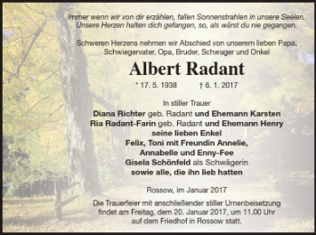 Traueranzeige von Albert Radant von Pasewalker Zeitung