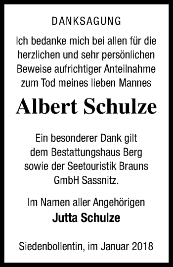 Traueranzeige von Albert Schulze von Neubrandenburger Zeitung