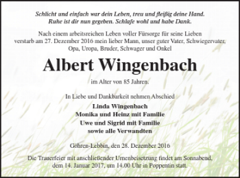 Traueranzeige von Albert Wingenbach von Müritz-Zeitung