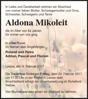 Traueranzeige von Aldona Mikoleit von Müritz-Zeitung