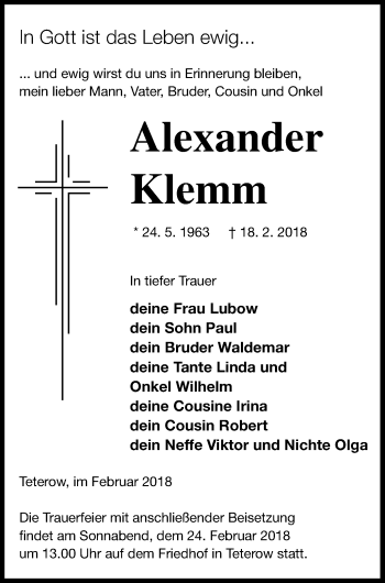 Traueranzeige von Alexander Klemm von Mecklenburger Schweiz