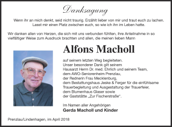 Traueranzeige von Alfons Macholl von Prenzlauer Zeitung