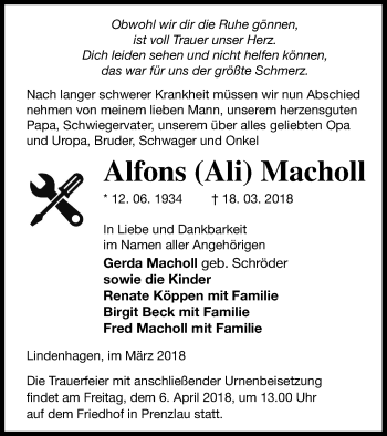 Traueranzeige von Alfons Macholl von Prenzlauer Zeitung