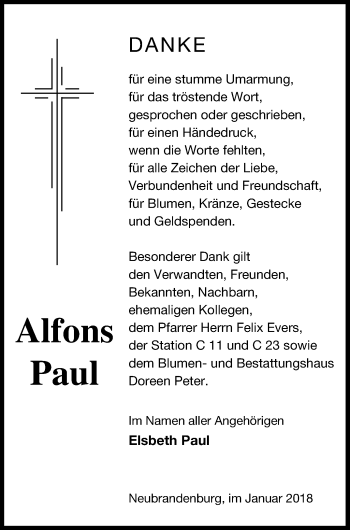 Traueranzeige von Alfons Paul von Neubrandenburger Zeitung