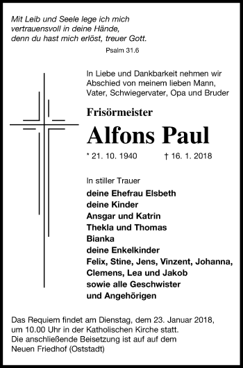 Traueranzeige von Alfons Paul von Neubrandenburger Zeitung