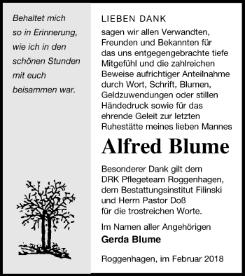 Traueranzeige von Alfred Blume von Neubrandenburger Zeitung