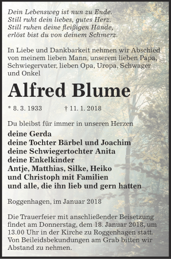 Traueranzeige von Alfred Blume von Neubrandenburger Zeitung