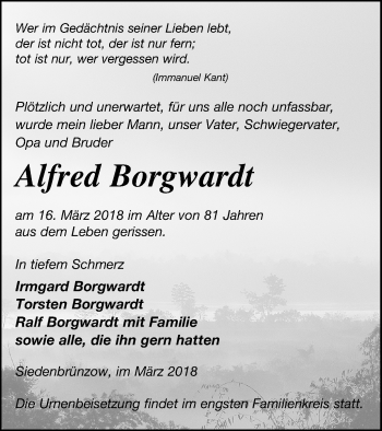 Traueranzeige von Alfred Borgwardt von Demminer Zeitung